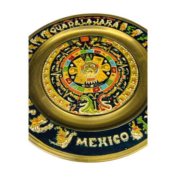 Vintage Guadalajara Mexico Decorative Brass Aztec Calendar Plate 11" - Picture 8 of 12